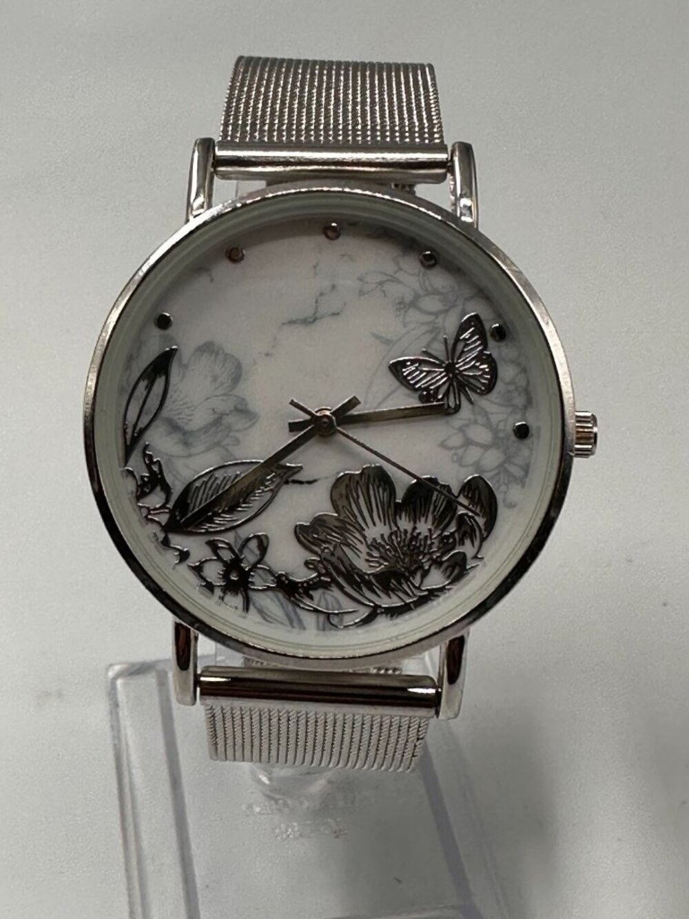 3/$30 Accutime Women Watch Floral Butterfly Dial Silver Tone Mesh Band